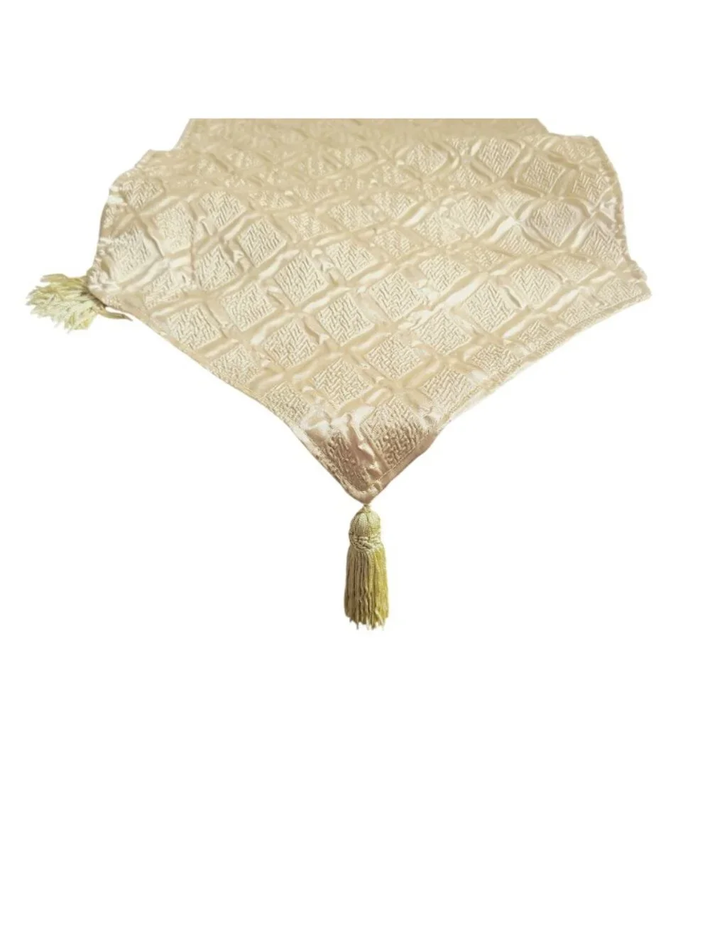 Vtg Y2K Table Runner Tapestry Geometric Pattern Gold Beige Tassels Glam
